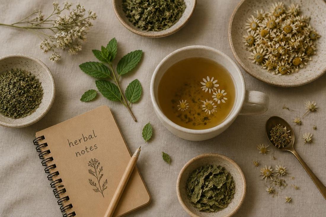 Dried chamomile, mint and a cup of herbal tea on a linen cloth