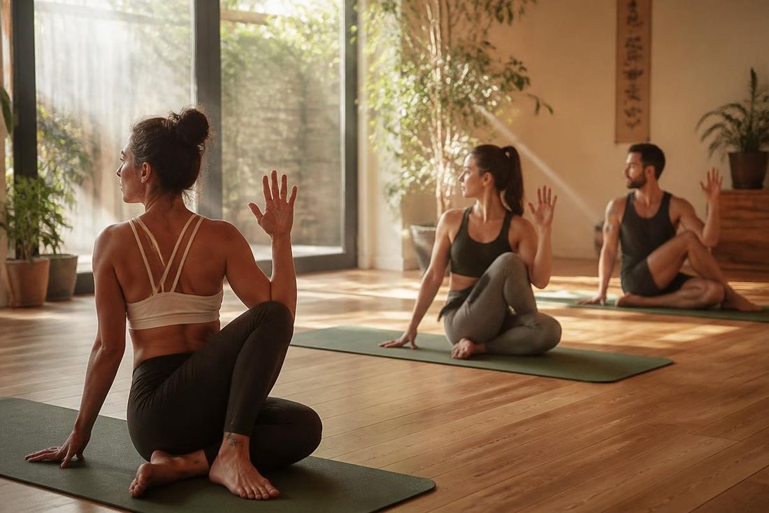 Three adults stretching on mats in a sunlit movement class