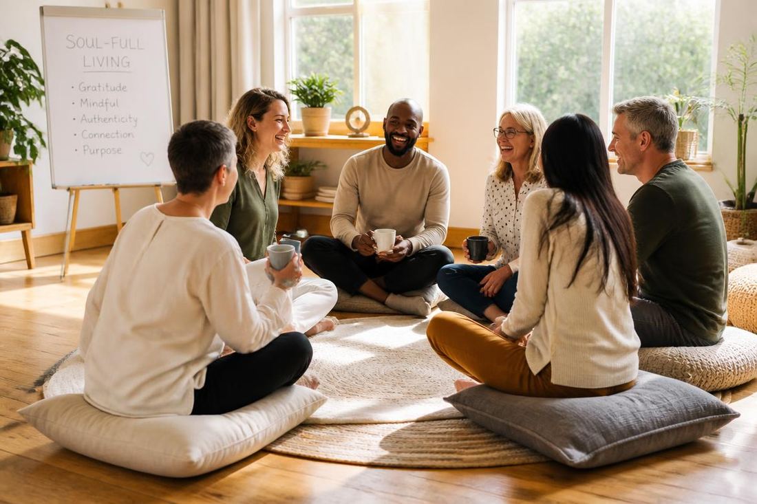 A small group workshop sitting in a circle with mugs of tea